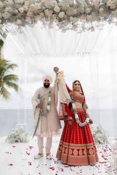 The Vancouver-based couple tied the knot in a tropical beachside wedding that paid homage to the bride’s roots Brocade Lehenga, Shyamal And Bhumika, Gold Lehenga, Custom Tuxedo, Sabyasachi Lehenga, Beachside Wedding, Wedding Diary, Haldi Ceremony, Vogue Beauty