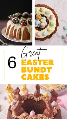 easter bundt cakes with chocolate frosting and candies