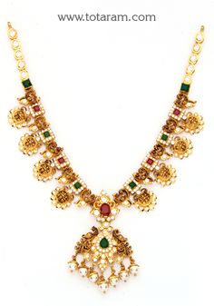 22 Karat Gold 'Ram Parivar - Peacock' Necklace with Cz, Color Stones & Japanese Culture Pearls (Temple Jewellery) - 235-GN4408 - in 38.450 Grams for USD $2913.68. 
Made in India by Totaram Jewelers Online this product is in Gold - 22 Karat BIS Hallmark 916 KDM Gold  & is an excellent gift for Adult - Women. Ships fully insured with secured guaranteed delivery for free with your order over $250 from New Jersey USA & comes with 30 days exchange policy. 22k Gold Necklace, Temple Jewelry Necklace, Gold Temple Jewellery, Peacock Necklace, Color Stones, Temple Jewellery, Gifts For Adults, Japanese Culture, 22k Gold