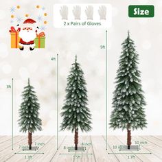 christmas trees are shown with measurements for each tree in the size and height chart, along with an image of santa claus