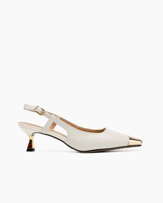 Elegant-Metal-Square-Toe-Slingback-Leather-Kitten-Heel-Sandals Flat Slippers Sandals, Gold Trend, Comfortable Loafers, Aqua Blue Color, White Sandals Heels, Kitten Heel Sandals, Flat Slipper, Heel Slippers, Low Block Heels