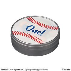 a baseball themed tin with the word one on it's side and an image of a