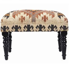 an upholstered foot stool with black legs and a multicolored pattern on it