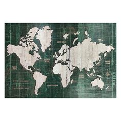 an old world map is displayed on a wooden panel with white paint and green grunge