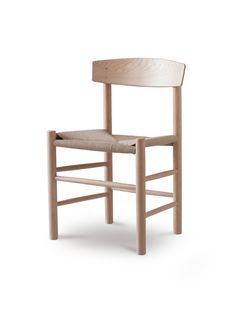 a wooden chair with a beige seat and backrest on an isolated white background,