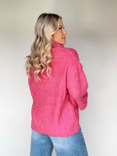 This luxurious Glacial Glam Sweater is perfect for adding a tasteful touch of glamour to any look. Crafted from warm and fuzzy knit fabric, this statement piece features a turtleneck, relaxed fit, and balloon sleeves with a vibrant pop of color for an elevated look. Soft, stretchy, and cozy, it's versatile enough for lounging, shopping, brunch, and dinner. Get ready to have some fun and feel cheerful with this trendy piece. 80% Acrylic 20% Polyester Hand wash cold separately. Chic Textured Knit Turtleneck, Trendy Oversized Soft Knit Turtleneck, Winter Textured Knit Top With Balloon Sleeves, Trendy Funnel Neck Sweater In Soft Knit, Trendy Funnel Neck Soft Knit Sweater, Trendy High Neck Soft Knit Sweater, Chic Soft Knit Turtleneck Outerwear, Trendy Chunky Knit Long Sleeve Turtleneck, Chic Turtleneck Soft Knit Outerwear