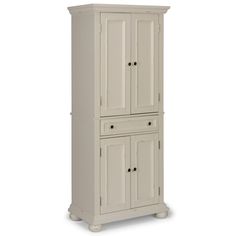 a tall white cabinet with two doors and drawers on the bottom shelf, against a white background