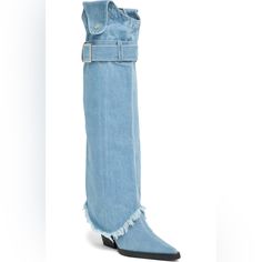 Bring A Heavy Dose Of Denim To Every Ensemble In A Pointy-Toe Boot Boasting A Removable Belted Shaft And Light A Frayed Hem Around On The Cuff. Top Shaft Is Removable Textile Upper/Synthetic Lining And Sole Thigh High Stiletto Boots, Tony Lama Boots, Pointy Toe Boots, Taupe Boots, Brown Suede Heels, Womens Riding Boots, Azalea Wang, Brown Leather Ankle Boots, Denim Boots