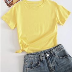 Brand New! Casual Plain T-shirt For Spring, Plain Yellow Top For Spring, Simple Solid T-shirt For Spring, Solid Plain T-shirt For Spring, Solid Color Plain T-shirt For Spring, Basic Plain T-shirt For Spring, Basic Yellow T-shirt For Spring, Plain Yellow, Hot Pink Shorts