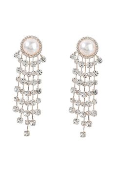 Alloy Pearl and Rhinestone-Embellished Long Tassel Earrings - Elevate your style with these exquisite earrings adorned with pearls, rhinestones, and cascading tassels. Glamorous Rhinestone Tassel Earrings For Wedding, Party Pearl Crystal Earrings, Elegant Pearl Drop Tassel Earrings For Party, Party Tassel Pearl Drop Earrings, Party Tassel Drop Earrings With Pearl Detail, Elegant Crystal Tassel Earrings With Rhinestones, Glamorous Dangle Pearl Earrings For Party, Glamorous Pearl Chandelier Earrings For Parties, Elegant Chandelier Earrings With Rhinestone Fringe