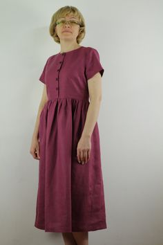 "Spring dress, Write the selected color in the message Linen women dress, summer dress. Handmade fuchsia linen dress with short or 1/2 long sleeves and 2 pockets , perfect for casual wear and suitable for any occasion in any season Details: - 100% natural linen produced in Europe ; - medium weight (180 gram per square meter); - color: fuchsia, could be any from our colors catalog (color samples at the photo); Made to order, approximately a few days, If you have any questions please message me an Elegant Short Sleeve Linen Dress With Relaxed Fit, Elegant Relaxed Fit Short Sleeve Linen Dress, Modest Maxi Dress With Relaxed Fit, Spring Linen Sundress With Short Sleeves, Short Sleeve Linen Summer Dresses, Short Sleeve Linen Maxi Dress For Daywear, Linen Summer Dresses With Short Sleeves, Linen Midi Length Dress For Daywear, Relaxed Fit Linen A-line Dress