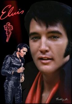 elvis presley with red scarf and black leather jacket, holding a microphone in his right hand