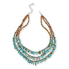 Jay King Turquoise and Orange Coral 18" Necklace  Add a pop of fun gemstone color to your neckline with this unique, layered necklace. The handcrafted, beaded piece features three rows of blue-green turquoise chips and orange coral beads for a chic, casual look that's perfect for summertime dressing. From Jay King.       Approx. 18"L x 1-11/16"L with 2-3/4" extender     Stamped .925     Hook closure     Necklace has three rows of turquoise and orange coral beads   Stone Information       All sizes and weights approximate     Stabilized Compressed Color-Enhanced Orange Coral - Faceted rondelle (4x2mm), faceted round (3mm); harvested in Indonesia     Stabilized Spruce Mountain Turquoise - Nugget (5x5mm to 8x8mm), chip (6x9mm to 15x18mm); mined in China Boho Clothes, Woven Necklace, Turquoise Accents, Orange Coral, Beading Ideas, Jewelry Making Project, Craft Corner, Orange And Turquoise, Beaded Jewelry Patterns