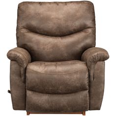 the reclining chair is shown with no headrests and has a brown leather finish