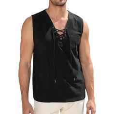 The sleeveless shirt goes a long way in summoning big bohemian vacation energy. It's soft and fluttery, prone to swaying gently in welcome gusts of wind. It's super lightweight and the textured surface immediately confers a certain degree of respectability, you'll be able to conquer the summer heat with grace and distinction. Viking Tunic, Beach Hippie, Men's Long Hairstyles, Hippie T Shirts, Laced Up Shirt, Hippie Tops, Mens Fashion Rugged, Linen Tank Top, Linen Tank