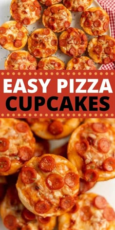 easy pizza cupcakes on a white plate with red checkered table cloth and text overlay