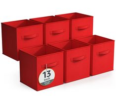 six red storage bins with the number 13 on each one side and three different sizes to choose from