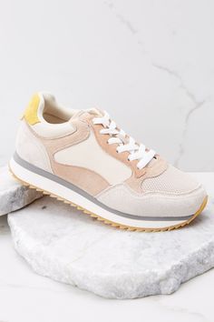 It's A Necessity for you to have a pair of these hip taupe colorblock sneakers! Trust me, these sporty true to size shoes are one fashion statement that we will never get tired of seeing! Tan color block sneakers feature white tie laces, and a tan rubber sole. • Sole measures 1" • Non-skid sole • Man-made materials • Imported. • These sneakers fit true to size. Taupe Sneakers, Colorblock Sneakers, Red Dress Boutique, White Tie, Tan Color, Boutique Dresses, Shoe Box, Trust Me, This Weekend