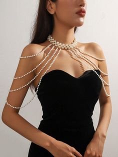 1pc Exquisite & Elegant Women's White Faux Pearl Handmade Woven Body Chain, Perfect For Party Or Fashion Show Gift | SHEIN USA Bead Body Chain, Clothes With Chains, White And Gold Jewelry, Pearl Clothes, Skirt Jewelry, Pearl Body Chain, Cloth Accessories, Shoulder Necklace, Elegant Shawl