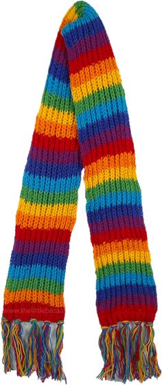 The woolen scarf is handknitted with pure wool from the foothills of the Himalayas, in Nepal. On the reverse side, it is lined with comfortable and soft red-colored fleece. The rainbow color pattern is liberal, everlasting and works for men and women! This long woolen scarf looks great with jeans. Size: - Material: Wool (100%) - Length: 66 (inches) - Width: 6 (inches) - Fringe: 5 (inches on each side) - Gentle red fleece lining on one side of the Rainbow Scarf - Hand knitted wool scarf from the Bohemian Halloween, Knit Scarfs, Woolen Scarf, Poncho Scarf, Rainbow Clothes, Embroidery Scarf, Woolen Scarves, Rainbow Scarf, Rainbow Outfit