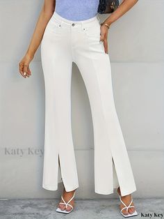 Katykey - High Stretch White Split Front Flare Jeans with Wide Legs - Womens Denim Apparel for Casual Bell Bottom Style Elegant White Denim Bottoms, White Non-stretch Denim Pants, Elegant White Denim Jeans, White Stretch Denim Pants, Womens Denim, Women Denim Jeans, Bell Bottom, Wide Legs, Jean Outfits