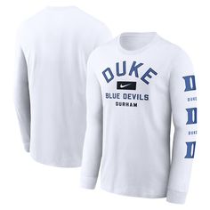 Channel your Duke Blue Devils pride with this Nike Primetime Classic Location Long Sleeve T-Shirt. Soft cotton fabric provides continuous comfort, making this shirt a go-to for any Duke fan. The team name and location are prominently displayed at the center chest, while team logos run down the left sleeve for a look that's both classic and bold. This T-shirt is a must-have for any Blue Devils fan looking to represent their team with classic style and comfort. Nike Collegiate Long Sleeve T-shirt, Long Sleeve Sports T-shirt With Team Logo, Long Sleeve T-shirt With Team Name For Fans, Nike Long Sleeve Cotton T-shirt, Collegiate Long Sleeve Tops With Team Logo, Nike Long Sleeve Fan Gear Top, Long Sleeve T-shirt With Team Logo For Fan Gear, Sports Fan Long Sleeve Top With Team Logo, College Long Sleeve Tops With Team Logo