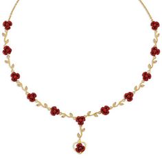 This stunning 24kt gold-plated necklace is crafted in a stylish Y-shape and features twelve exquisitely detailed roses, perfectly capturing their lush crimson beauty.  Linking the roses is an artfully crafted 24kt gold-plated vine of delicate "leaves" -- each one gleaming with a genuine Swarovski crystal.For a final romantic touch, a single rose framed within a heart dangles gracefully from the chain.  The necklace measure a classic 18" in length and is secured with a lobster claw clasp.  A conv Cheap Rose Red Earrings For Gift, Luxury Red Choker For Gift, Elegant Rose Red Necklace With Rose Design, Rose Red Jewelry With Roses For Wedding, Elegant Rose Red Jewelry With Rose Design, Elegant Rose Necklaces For Valentine's Day, Rose Red Wedding Jewelry With Roses, Rose Red Roses Jewelry For Valentine's Day, Rose Red Roses Jewelry For Weddings