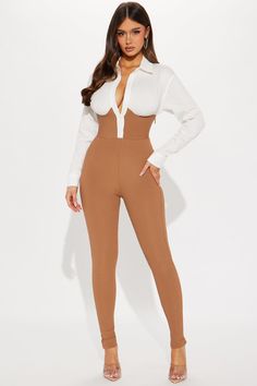 Available In White/combo. Jumpsuit Long Sleeve Collar Button Front Bandage Bottom Skinny Stretch Self 1: 60% Cotton 35% Nylon 5% Spandex Self 2: 90% Polyester 10% Spandex Imported | Let's Get Serious Jumpsuit in White size XS by Fashion Nova Fitted High-waist Elastane Jumpsuits And Rompers, High Waist Bodysuit For Work, Chic Stretch Bodysuit With Button Closure, White Fitted Bodysuit For Workwear, Fitted Bodysuit With Button Closure For Work, Fitted High Waist Jumpsuit For Work, Fitted Long Sleeve Bodysuit With Button Closure, Fitted High Waist Bodysuit For Work, Fitted Elastane Jumpsuits And Rompers For Work