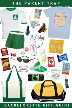 an assortment of items from the parent trap including t - shirt, tote bag, sunglasses and other items