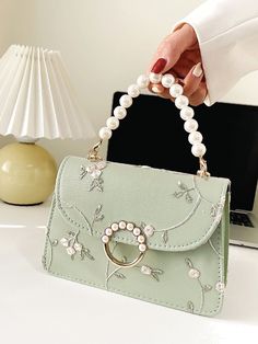 Faux Pearl Decor Floral Embroidery Satchel Bag  - Women Satchels Pearl Decor, Pearl Bag, Leather Floral, Fancy Bags, Pretty Bags, Chain Crossbody Bag, Cute Purses, Chain Bag, Pearl Chain