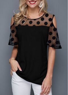 Polka Dots Tops, Korean Top, Stylish Tops For Women, Black Long Sleeve Sweater, Spring Fashion Casual, Trendy Tops For Women, Polka Dot Shorts, Trendy Fashion Tops, Cold Shoulder Long Sleeve