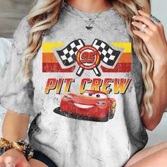 Vintage Disney Cars Pit Crew Lightening Mcqueen Shirt 1 Sublimation Print Crew Neck T-shirt For Disney Fan Events, Crew Neck T-shirt With Sublimation Print For Disney Fans, Pop Culture Crew Neck Tops For Disney Fan Events, Disney Crew Neck T-shirt With Sublimation Print, Cars Disney Outfit, Lightning Mcqueen Shirt, Disney Villain Shirt, Toy Story Shirt, Pit Crew