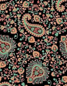 a black background with an orange and green paisley pattern