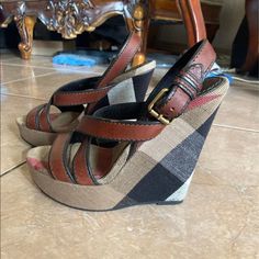 Authentic Burberry Wedge Heel Shoes. Wore Once. Looks Brand New. Size 38 Original Price $450 Luxury Brown Wedge Sandals With Round Toe, Designer Brown Wedge Heels, Designer Brown Platform Wedge Sandals, Designer Brown Wedge Sandals With Round Toe, Designer Wedge Sandals, Fashion Shoes Sandals, Red Robin, High Wedges, Burberry Black