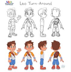 the character sheet for leo turn around, with different poses and hair styles to be used in