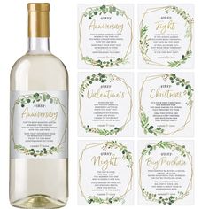 wine bottle labels with gold trimming and greenery on the label, set of 12