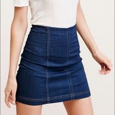 Nwt Free People Denim Mini, Navy Sz 12 -Contrast Stitching -Back Zipper -Runs 1-2 Sizes Small Free People Skirt, Free People Denim, Denim Mini, Womens Skirt, Free People, Color Blue, Size 12, Stitching, Blue Color