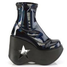 5" Star Cutout Platform Wedge Ankle Boots. Back Metal Zipper Closure. Black Holographic Faux Patent Leather. Anyd-100 Clear Boots, Beige Ankle Boots, Demonia Boots, Cole Haan Boots, Fold Over Boots, Womens Suede Boots, Demonia Shoes, Cosplay Boots, Brown Leather Heels