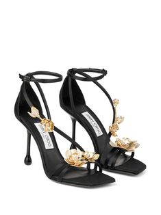 Jimmy Choo Zea 95mm floral-appliqué Sandals - Farfetch Satin Sandals, Satin Noir, Jimmy Choo Heels, Modern Shoes, Satin Heels, Jimmy Choo Shoes, Metal Flowers, Dream Shoes, Sandals Black