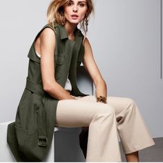 This Is Great Like New Condition! The Brand Is Olivia Palermo Chelsea 28 And It Is A Size Medium. Chic Knee-length Outerwear With Pockets, Sleeveless Khaki Outerwear For Work, Khaki Dress For Workwear In Fall, Khaki Sleeveless Dress For Work, Chic Khaki Sleeveless Outerwear, Chic Sleeveless Khaki Outerwear, Chic Khaki Workwear Dress, Olive Green Vest, Green Vest