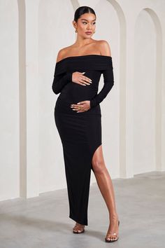 Pregnant Photoshoot, Maxi Dres, Sleek Bun, Bardot Neckline, Maternity Maxi Dress, Maternity Outfits, Perfect Dinner, Leg Split, Black Dress Prom