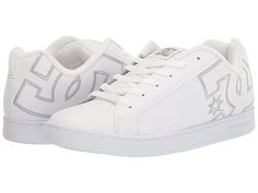 DC Court Graffik W - Women's Skate Shoes : White/Grey : A modern classic, the DC Court Graffik W casual shoes deliver with a clean silhouette and bold logo detail. Casual sneakers with heavy-duty suede, sturdy action nubuck, or soft and resilient action leather upper for abrasion-resistance and durability. Foam-padded tongue and collar for added comfort and support. Textile lining offers breathability. Internal elastic tongue holders for added foot stability. Rubber cupsole with iconic pill patt White Skate Shoes, Dc Shoes White, White Skateboarding Sneakers With Logo Print, Leather Lace-up Skate Shoes With Logo Print, Casual Skate Shoes With Logo And Round Toe, Leather Skate Shoes With Logo And Round Toe, Leather Skate Shoes With Logo For Streetwear, Leather Round Toe Skate Shoes With Logo, Casual Leather Skate Shoes With Logo Print