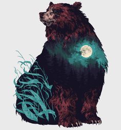 a bear sitting in the grass with a full moon behind it's back end