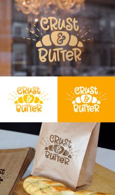 the logo for crust and butter is displayed in front of a bakery window with bread on it