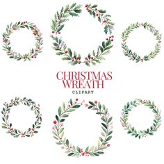 christmas wreaths clipart with holly and red berries on white background, watercolor style