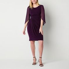 Make a lasting impression wearing this Connected Apparel women's sheath dress featuring sheer flowy three-quarter split sleeves and draped detailing across the waist. It's made from stretch-jersey and has a round neckline and a knee-length. Wear it with heels and hoop earrings for evening events or special occasions. Features: SheerClosure Type: Pullover HeadNeckline: Round NeckSleeve Length: 3/4 SleeveSleeve Style: Split SleeveApparel Length: 40 InchesDress Length: Knee LengthFiber Content: 96% Sheath Dresses, Womens Sheath Dress, Split Sleeve, 4 Dresses, Dress Purple, Sheer Dress, Purple Dress, Sheath Dress, Three Quarter