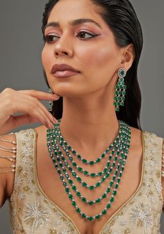 Emerald Layered Faux Diamond Necklace Set Zevar by Geeta - Fabilicious Fashion Long Necklace Indian, Jewelry Long Necklace, Jewelry Pakistani, Necklace Indian, Traditional Diamond, Diamond Necklace Set, Accessories Silver, Layered Necklace Set, Pakistani Jewelry