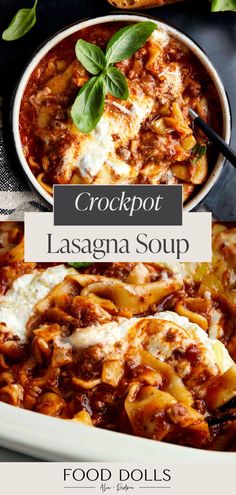 crockpot lasagna soup in a white casserole dish