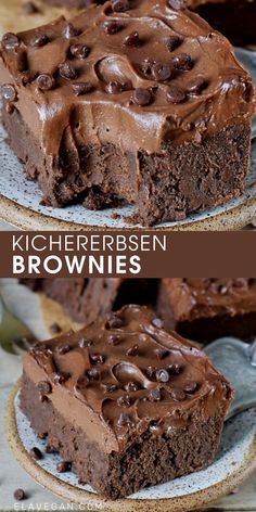 two brownies with chocolate frosting on top are sitting on a plate and the words flourless brownies with chickens vegan, glutter and easy to make