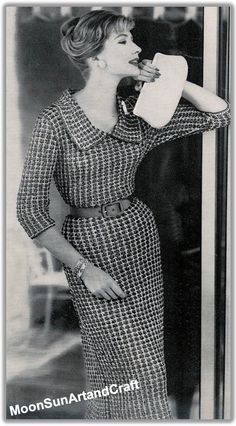 Vintage Style Women's Dress Knitting Pattern. 1960's Directions are for size 12. Changes for sizes 14 and 16 are in parentheses. Puritan Collar, 40's Fashion, Mode Retro, Vogue Vintage, Glamour Vintage, Vogue Knitting, 1950s Style, Vintage Glam, Vintage Mode